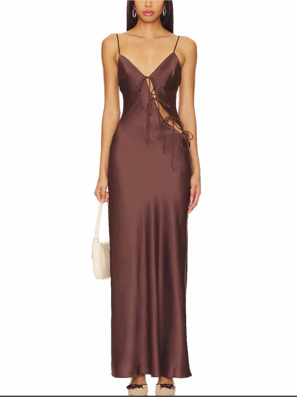 Lioness Brown Satin Tie-Front Maxi Slip Dress